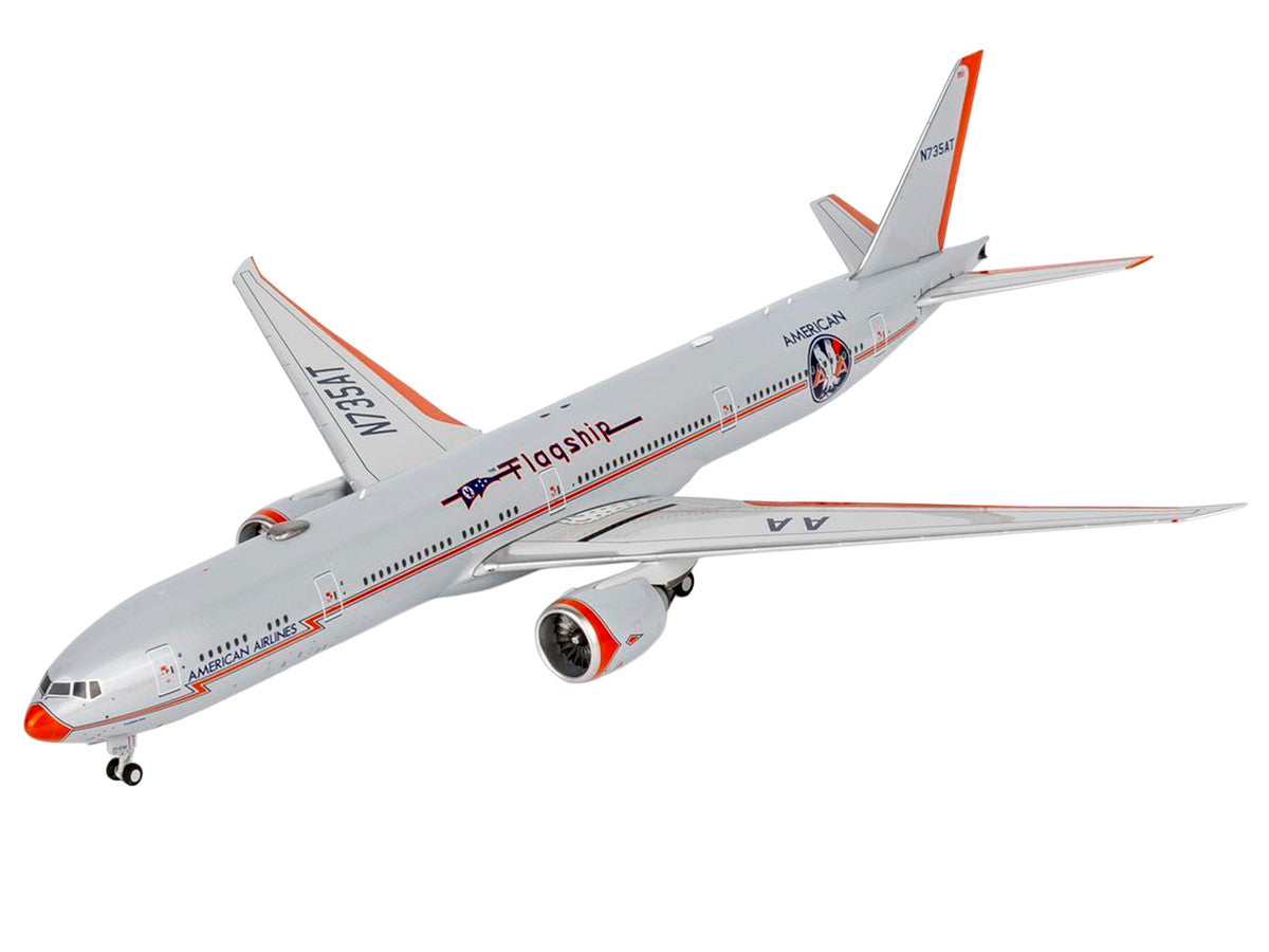 Boeing 777-300ER Commercial Aircraft "American Airlines - Flagship DFW" (N735AT) Silver with Otange Stripes "Gemini 200" Series 1/200 Diecast Model by GeminiJets-1