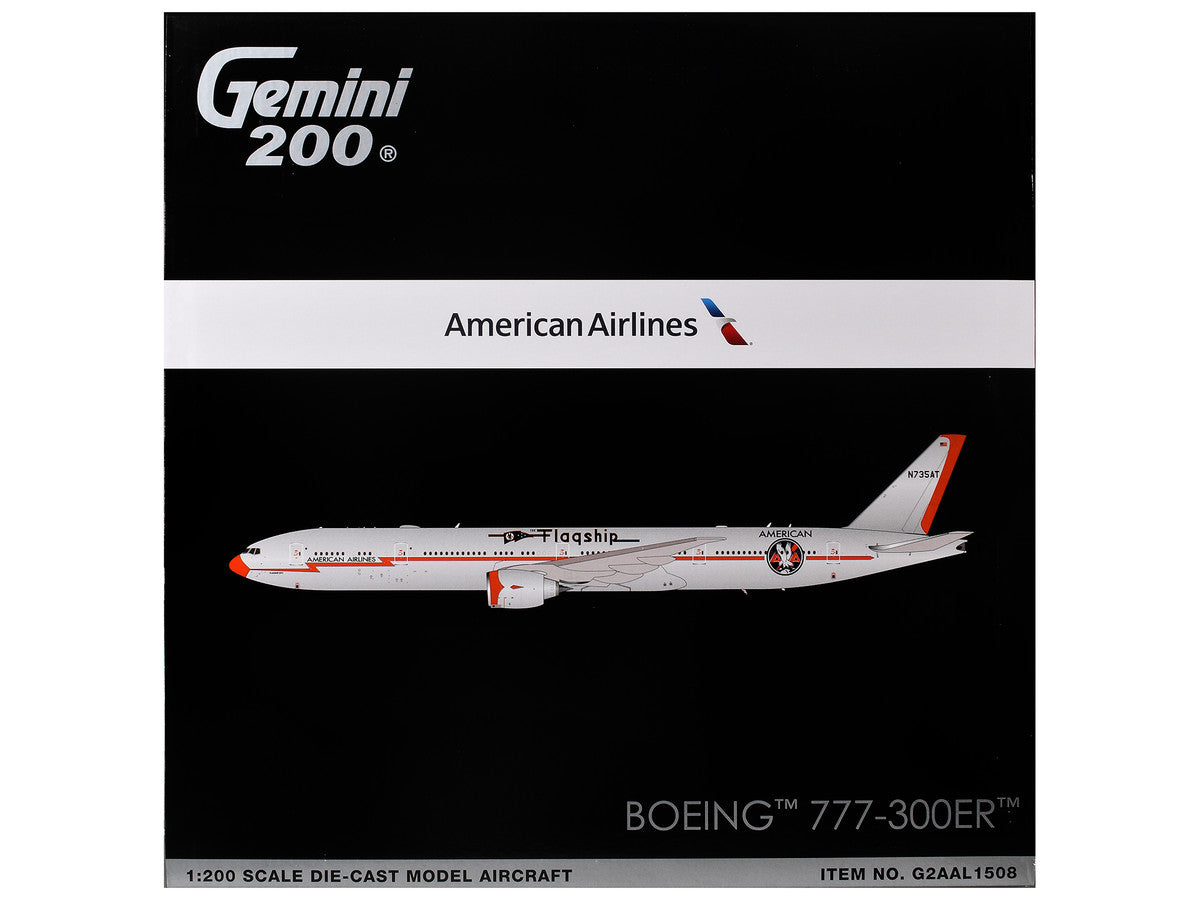 Boeing 777-300ER Commercial Aircraft "American Airlines - Flagship DFW" (N735AT) Silver with Otange Stripes "Gemini 200" Series 1/200 Diecast Model by GeminiJets-2