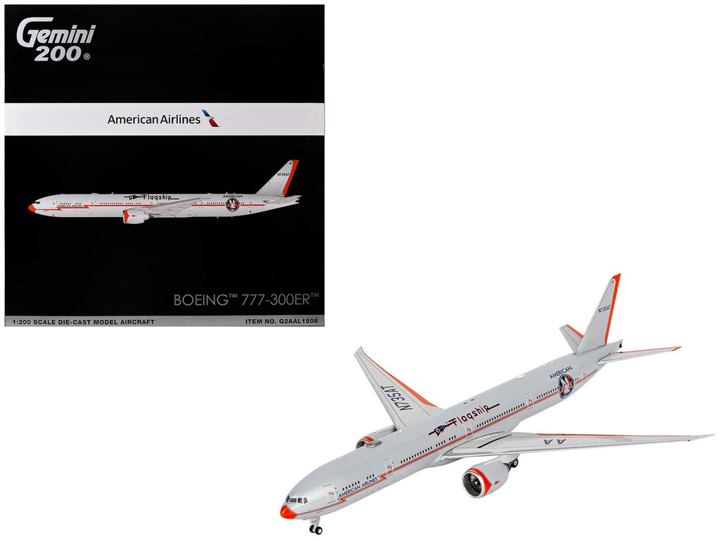 Boeing 777-300ER Commercial Aircraft "American Airlines - Flagship DFW" (N735AT) Silver with Otange Stripes "Gemini 200" Series 1/200 Diecast Model by GeminiJets-0
