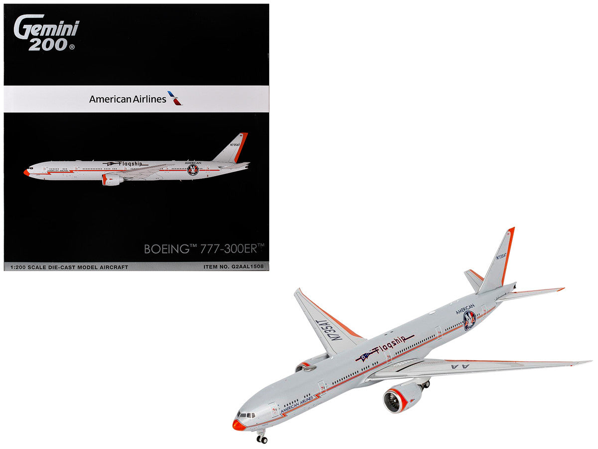 Boeing 777-300ER Commercial Aircraft "American Airlines - Flagship DFW" (N735AT) Silver with Otange Stripes "Gemini 200" Series 1/200 Diecast Model by GeminiJets-0