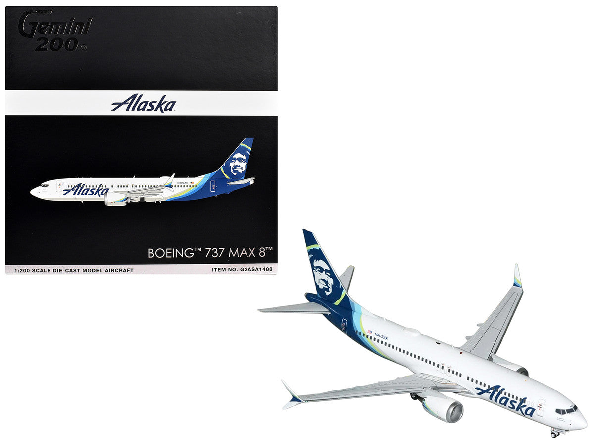 Boeing 737 MAX 8 Commercial Aircraft "Alaska Airlines" (N803AK) White with Blue Tail "Gemini 200" Series 1/200 Diecast Model Airplane by GeminiJets-0