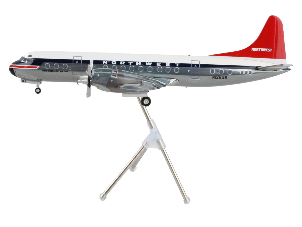 Lockheed L-188 Electra Commercial Aircraft "Northwest Orient" (N128US) White and Gray with Blue Stripes and Red Tail "Gemini 200" Series 1/200 Diecast Model Airplane by GeminiJets-0