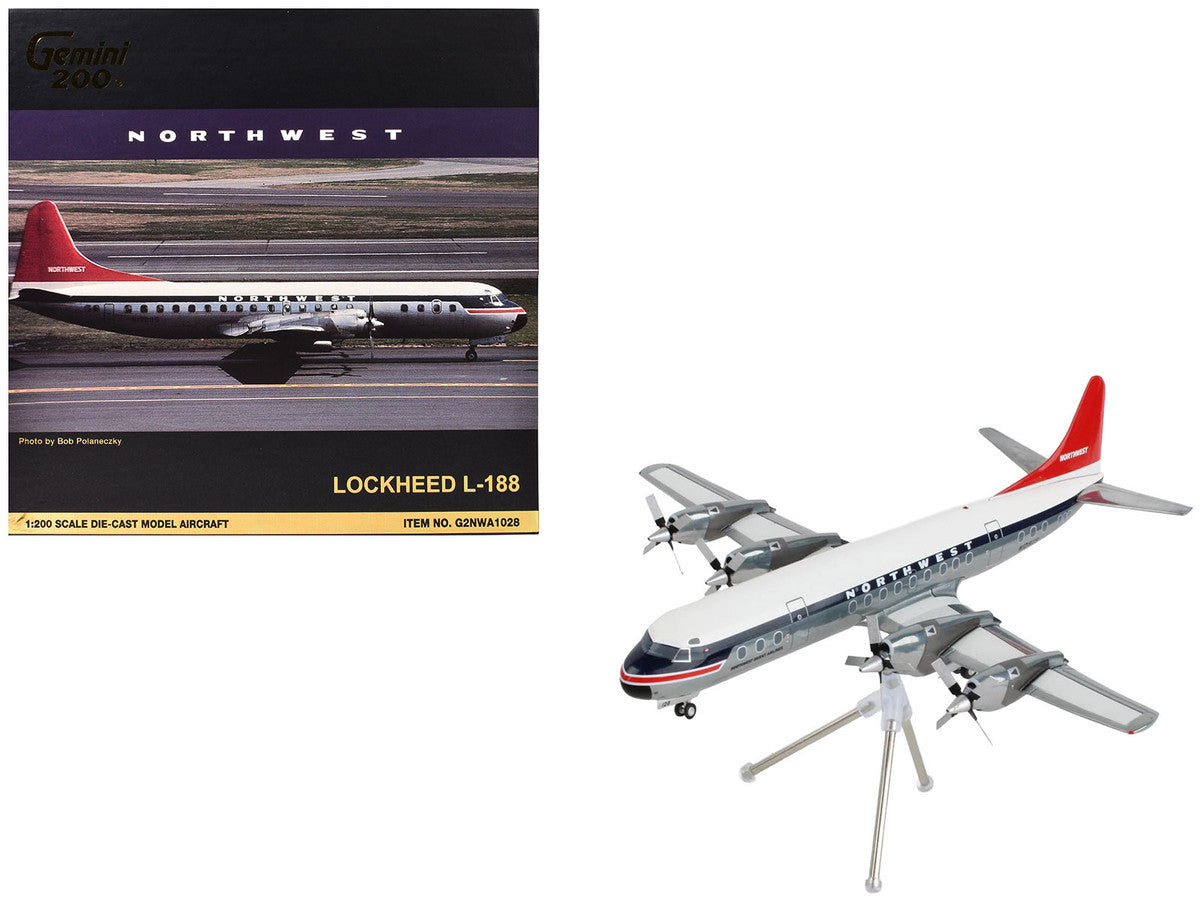 Lockheed L-188 Electra Commercial Aircraft "Northwest Orient" (N128US) White and Gray with Blue Stripes and Red Tail "Gemini 200" Series 1/200 Diecast Model Airplane by GeminiJets-3