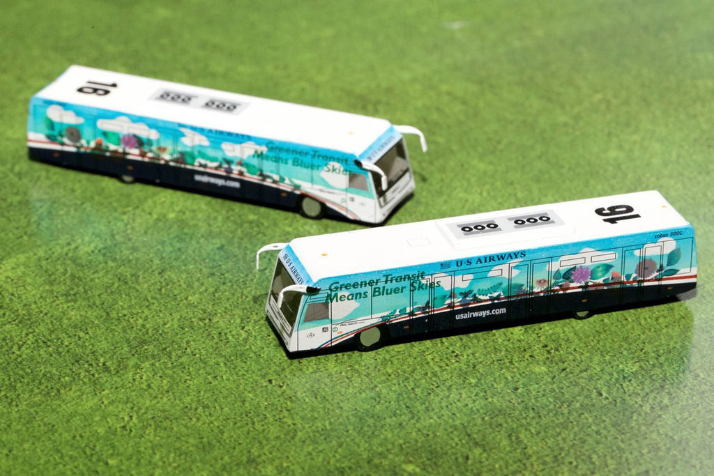 Cobus 3000 Passenger Bus White and Blue with Graphics "US Airways Shuttle Bus - Greener Transit" 2 Piece Set "Gemini 200" Series Diecast Models by GeminiJets-1