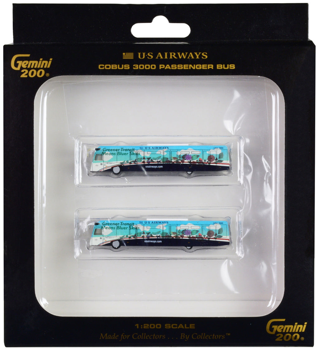 Cobus 3000 Passenger Bus White and Blue with Graphics "US Airways Shuttle Bus - Greener Transit" 2 Piece Set "Gemini 200" Series Diecast Models by GeminiJets-0