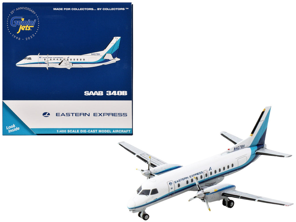 Saab 340B Commercial Aircraft "Eastern Express" (N407BH) White with Blue Stripes 1/400 Diecast Model Airplane by GeminiJets-0