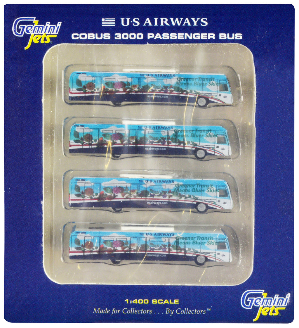 Cobus 3000 Passenger Bus White and Blue with Graphics "US Airways Shuttle Bus - Greener Transit" 4 Piece Set 1/400 Diecast Models by GeminiJets-0