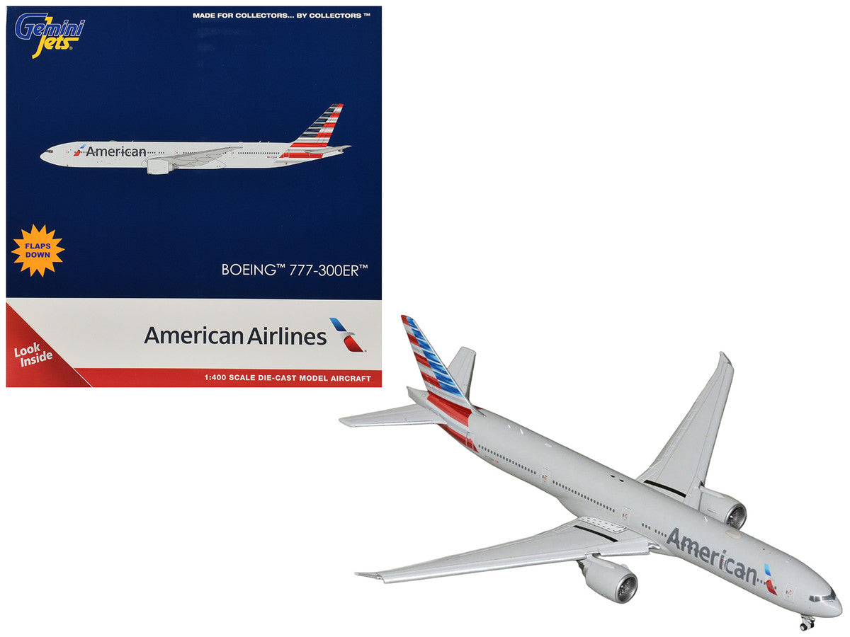 Boeing 777-300ER Commercial Aircraft with Flaps Down "American Airlines" (N722AN) Gray with Striped Tail 1/400 Diecast Model by GeminiJets-0