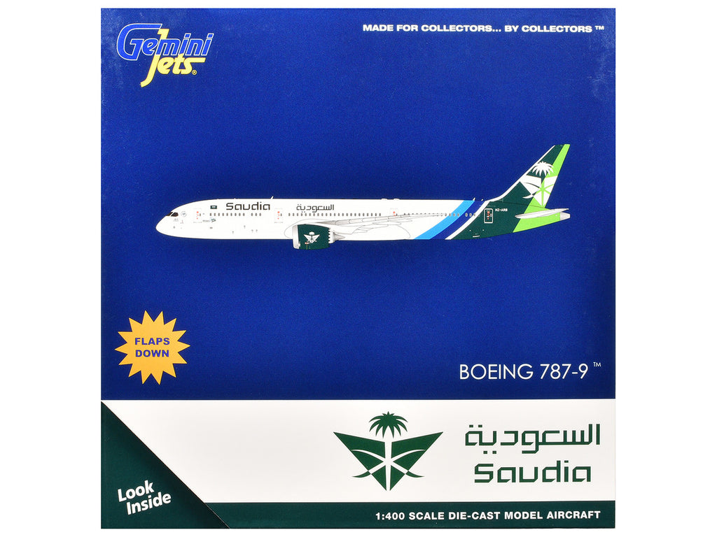 Boeing 787-9 Commercial Aircraft with Flaps Down "Saudia Airline" (HZ-ARB) White with Tail Graphics 1/400 Diecast Model Airplane by GeminiJets-2