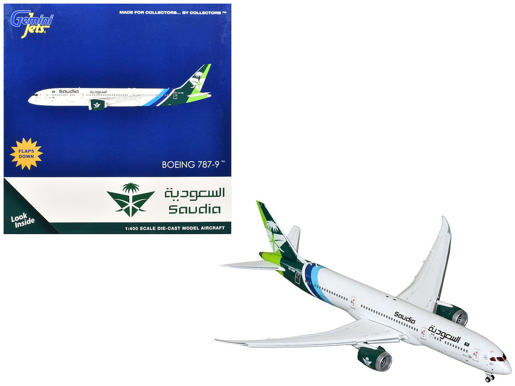 Boeing 787-9 Commercial Aircraft with Flaps Down "Saudia Airline" (HZ-ARB) White with Tail Graphics 1/400 Diecast Model Airplane by GeminiJets-0