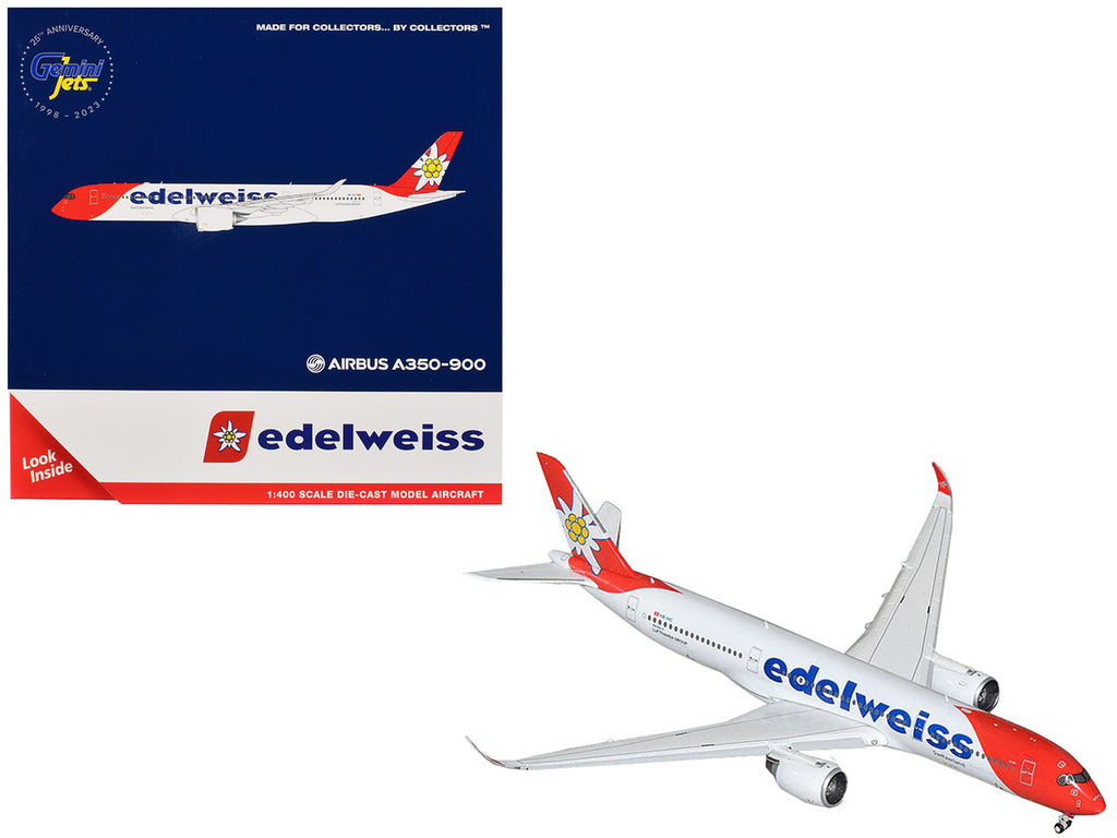 Airbus A350-900 Commercial Aircraft with Flaps Down Configuration "Edelweiss Air" (HB-IHC) White with Red Tail 1/400 Diecast Model Airplane by GeminiJets-0
