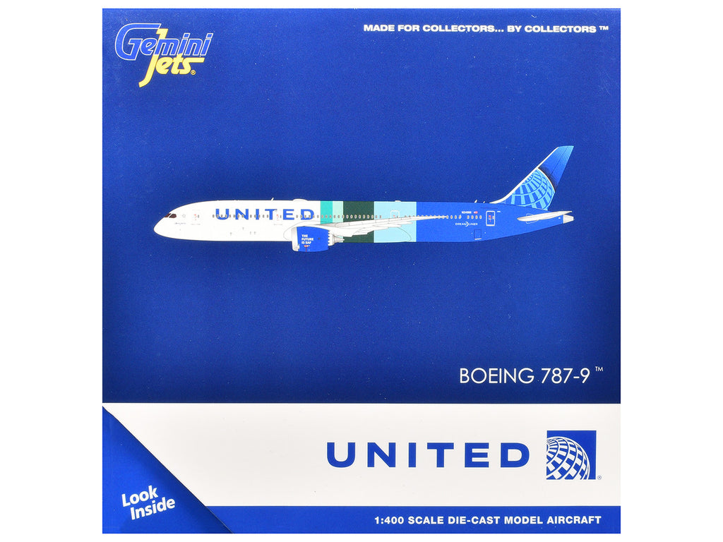 Boeing 787-9 Commercial Aircraft "United Airlines - The Future is SAF" (N24988) White and Blue with Stripes 1/400 Diecast Model Airplane by GeminiJets-2