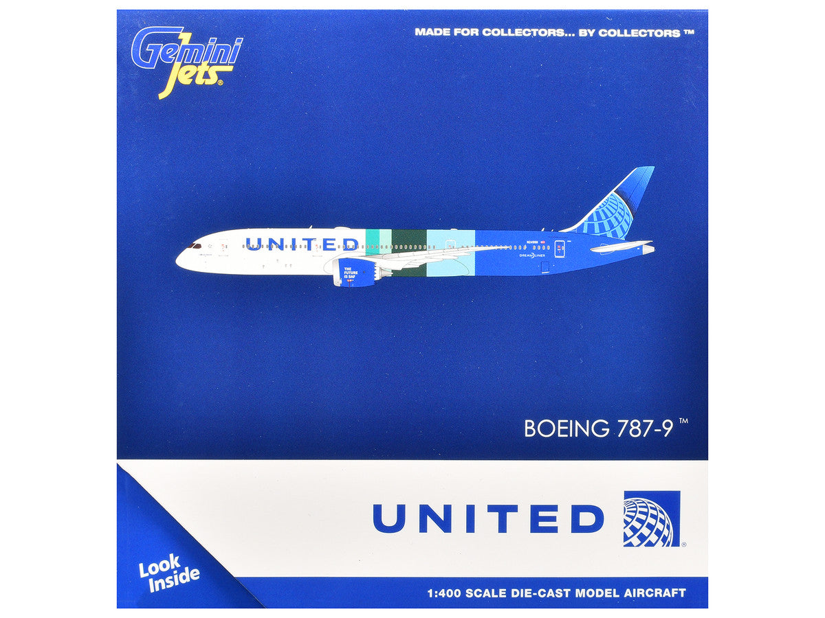 Boeing 787-9 Commercial Aircraft "United Airlines - The Future is SAF" (N24988) White and Blue with Stripes 1/400 Diecast Model Airplane by GeminiJets-2