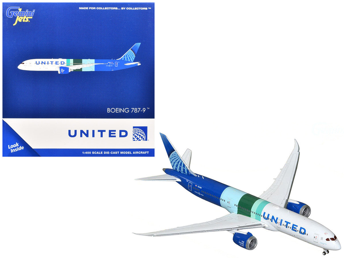 Boeing 787-9 Commercial Aircraft "United Airlines - The Future is SAF" (N24988) White and Blue with Stripes 1/400 Diecast Model Airplane by GeminiJets-0