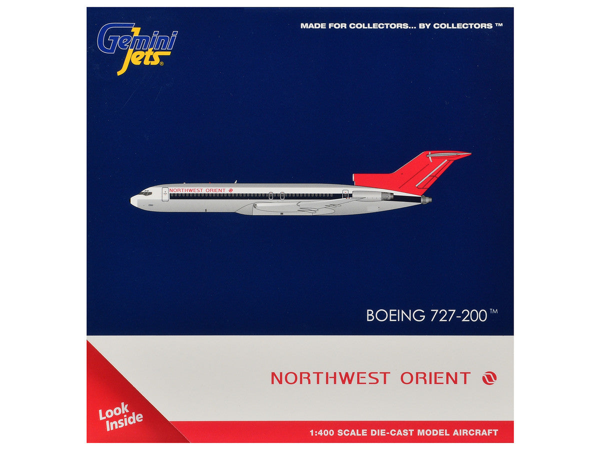 Boeing 727-200 Commercial Aircraft "Northwest Orient" (N298US) Silver with White Stripes and Red Tail 1/400 Diecast Model by GeminiJets-2