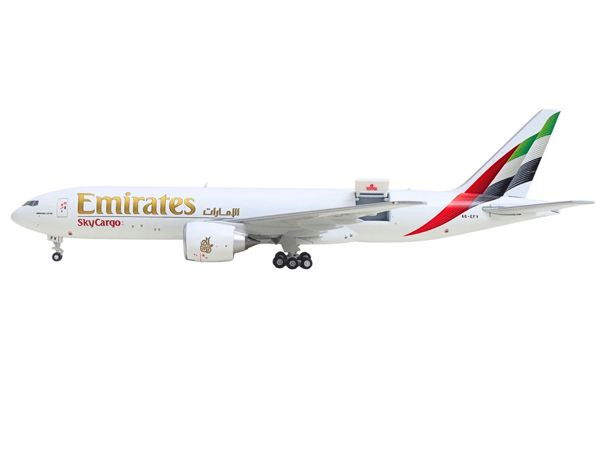 Boeing 777F Commercial Aircraft "Emirates SkyCargo" (A6-EFV) White with Striped Tail "Interactive Series" 1/400 Diecast Model by GeminiJets-1