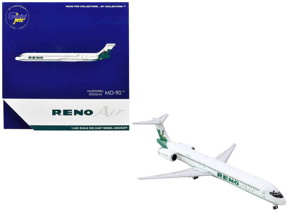 McDonnell Douglas MD-90 Commercial Aircraft "Reno Air" (N905RA) White with Green Tail 1/400 Diecast Model Airplane by GeminiJets-0