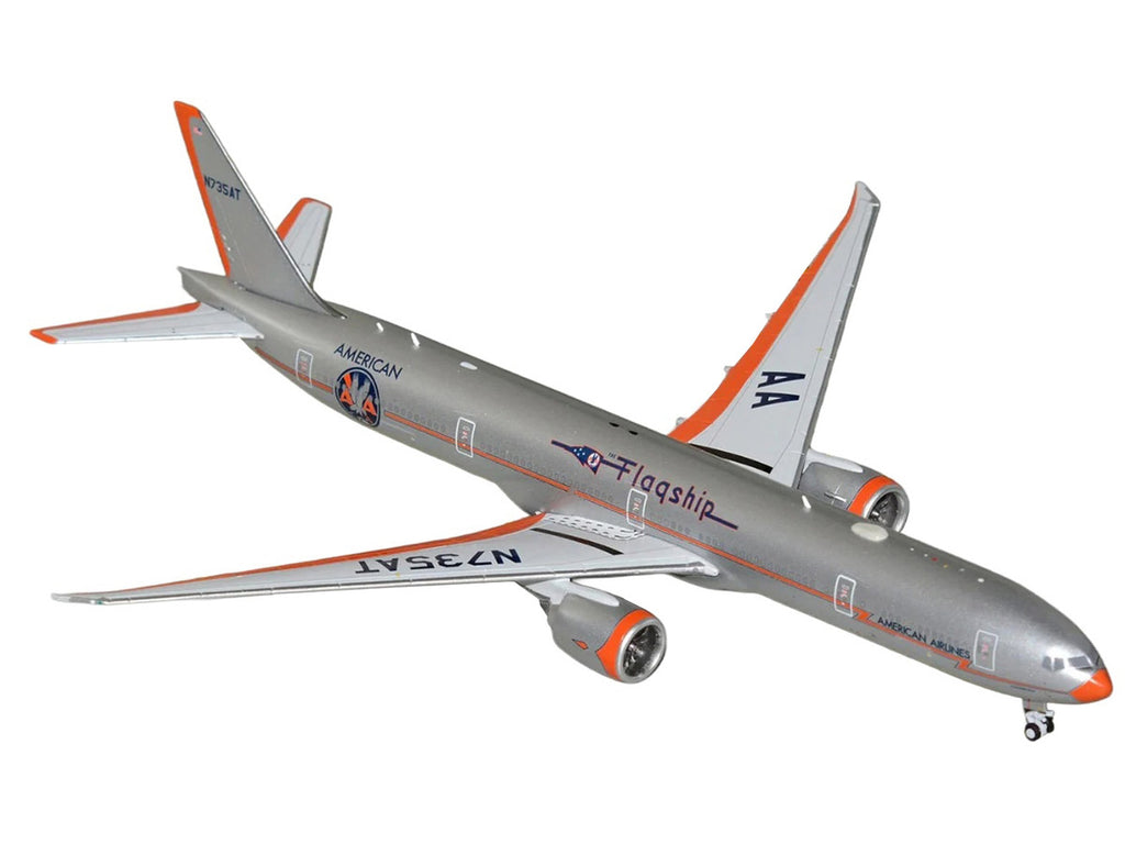 Boeing 777-300ER Commercial Aircraft "American Airlines - Flagship DFW" (N735AT) Silver with Orange Stripes 1/400 Diecast Model by GeminiJets-0