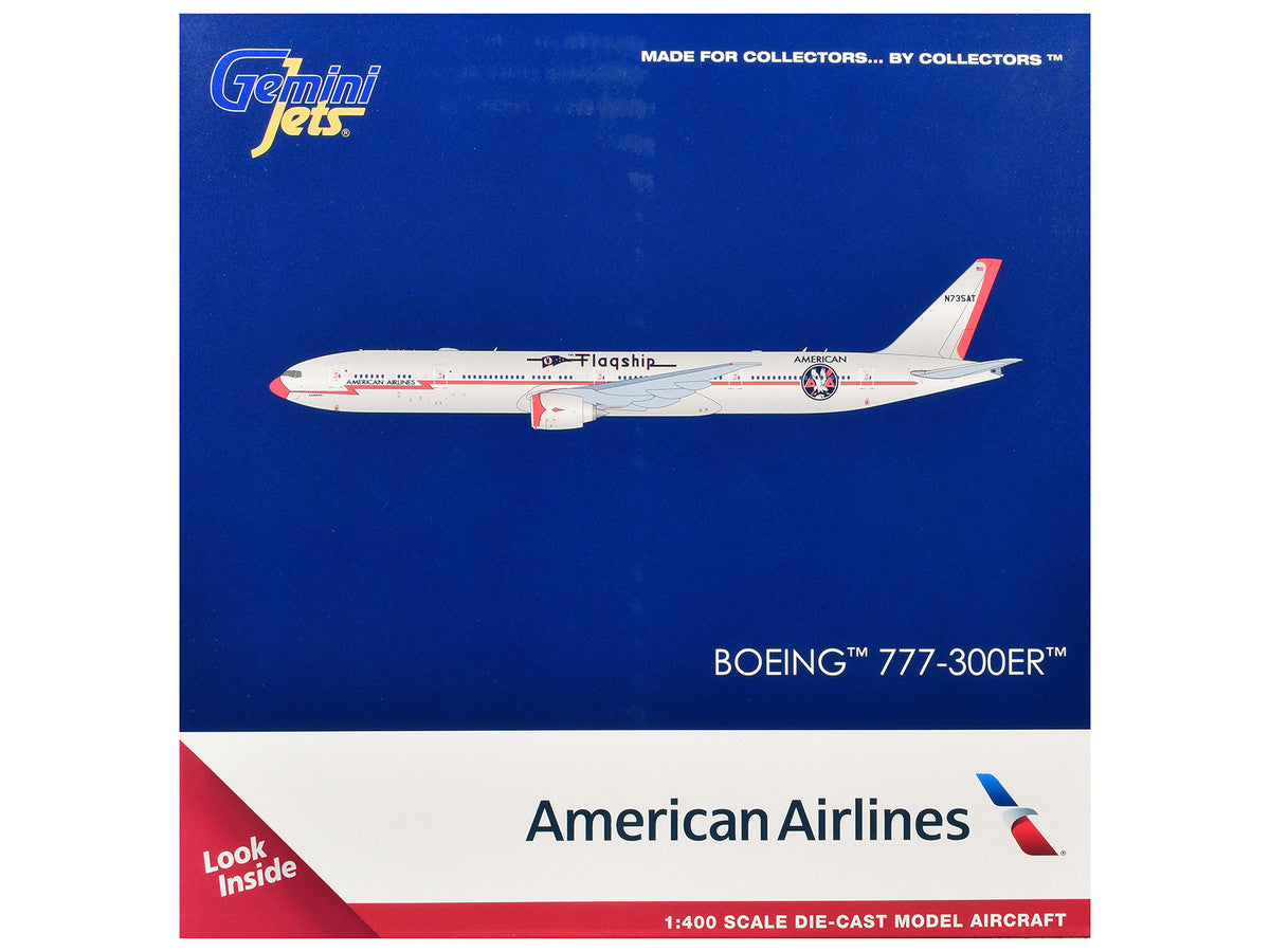 Boeing 777-300ER Commercial Aircraft "American Airlines - Flagship DFW" (N735AT) Silver with Orange Stripes 1/400 Diecast Model by GeminiJets-1
