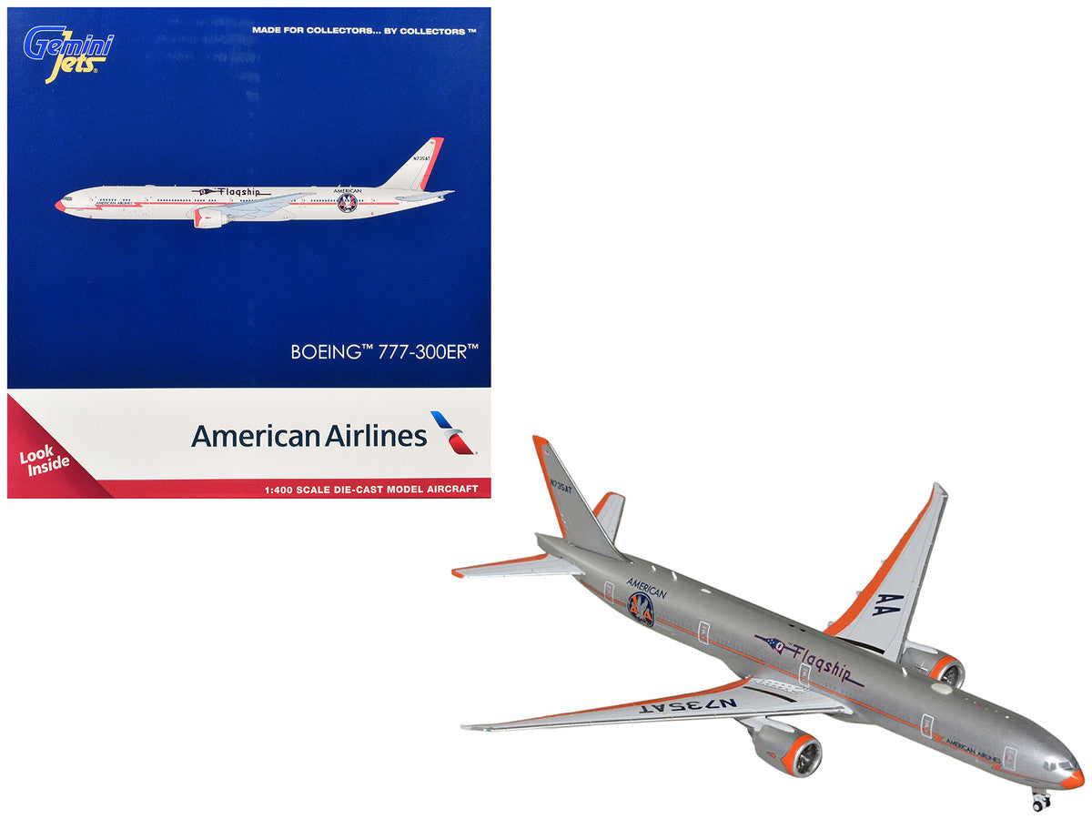 Boeing 777-300ER Commercial Aircraft "American Airlines - Flagship DFW" (N735AT) Silver with Orange Stripes 1/400 Diecast Model by GeminiJets-2