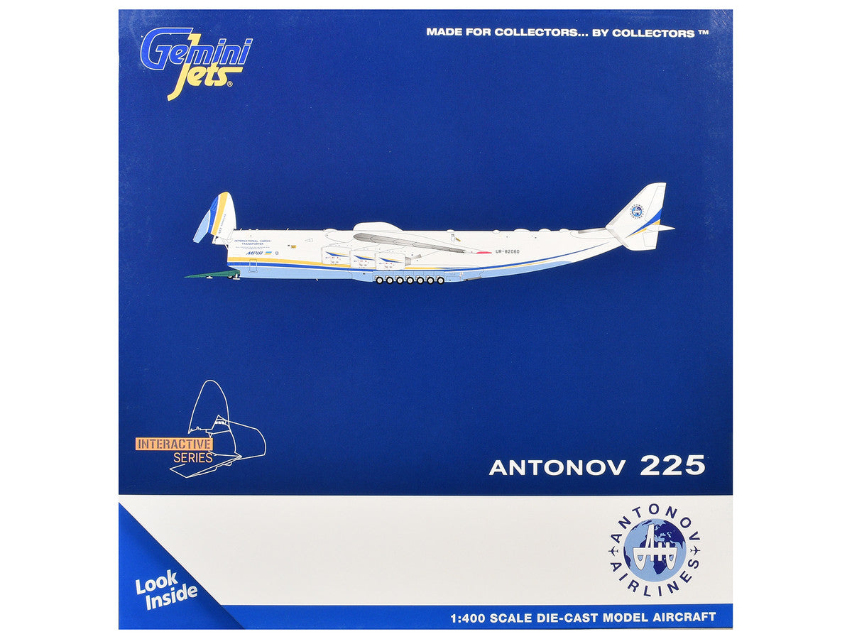 Antonov An-225 Mriya Commercial Aircraft "Antonov Airlines" (UR-82060) White with Blue and Yellow Stripes "Interactive Series" 1/400 Diecast Model by GeminiJets-1