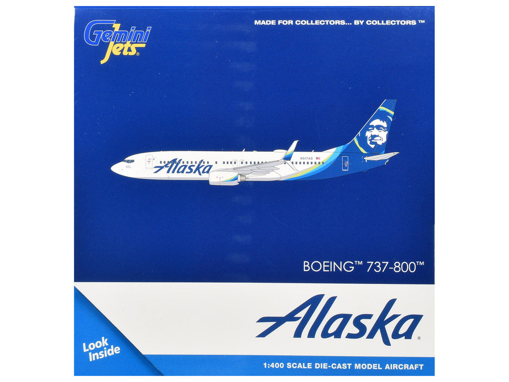 Boeing 737-800 Commercial Aircraft "Alaska Airlines" (N517AS) White with Blue Tail 1/400 Diecast Model Airplane by GeminiJets-2
