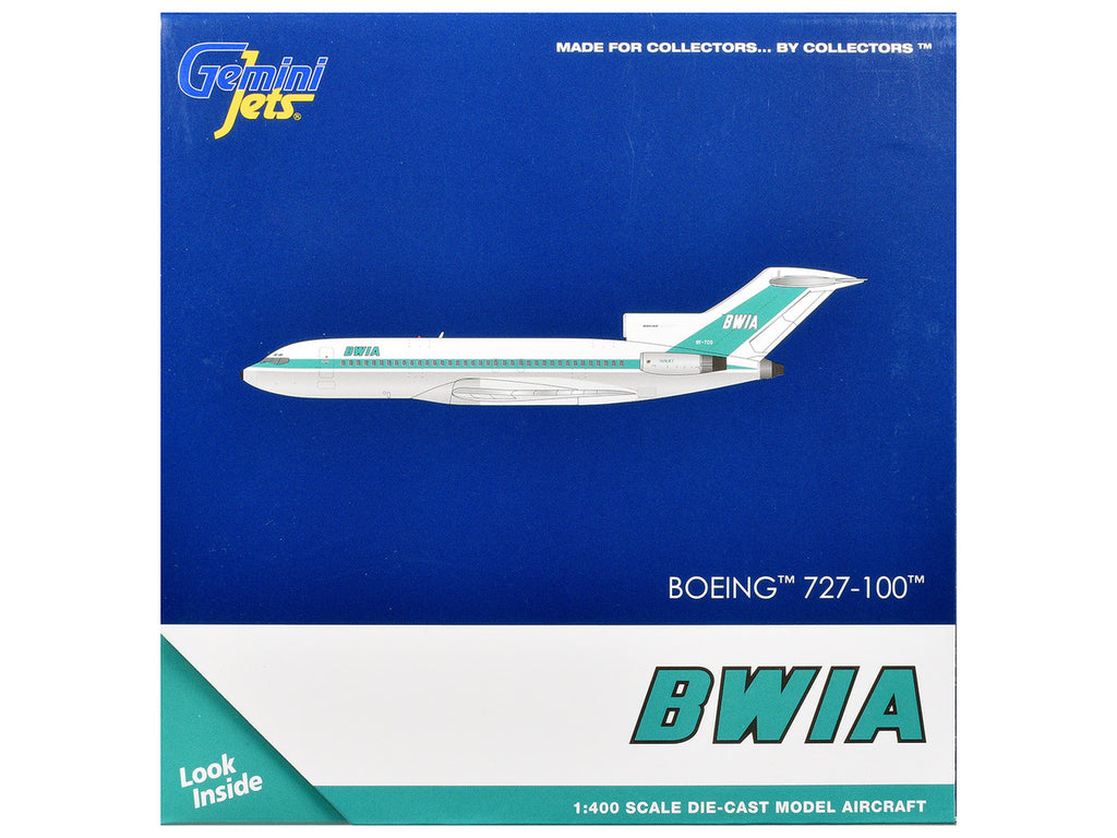 Boeing 727-100 Commercial Aircraft "British West Indian Airways" (9Y-TCO) White with Light Green Stripes 1/400 Diecast Model Airplane by GeminiJets-2