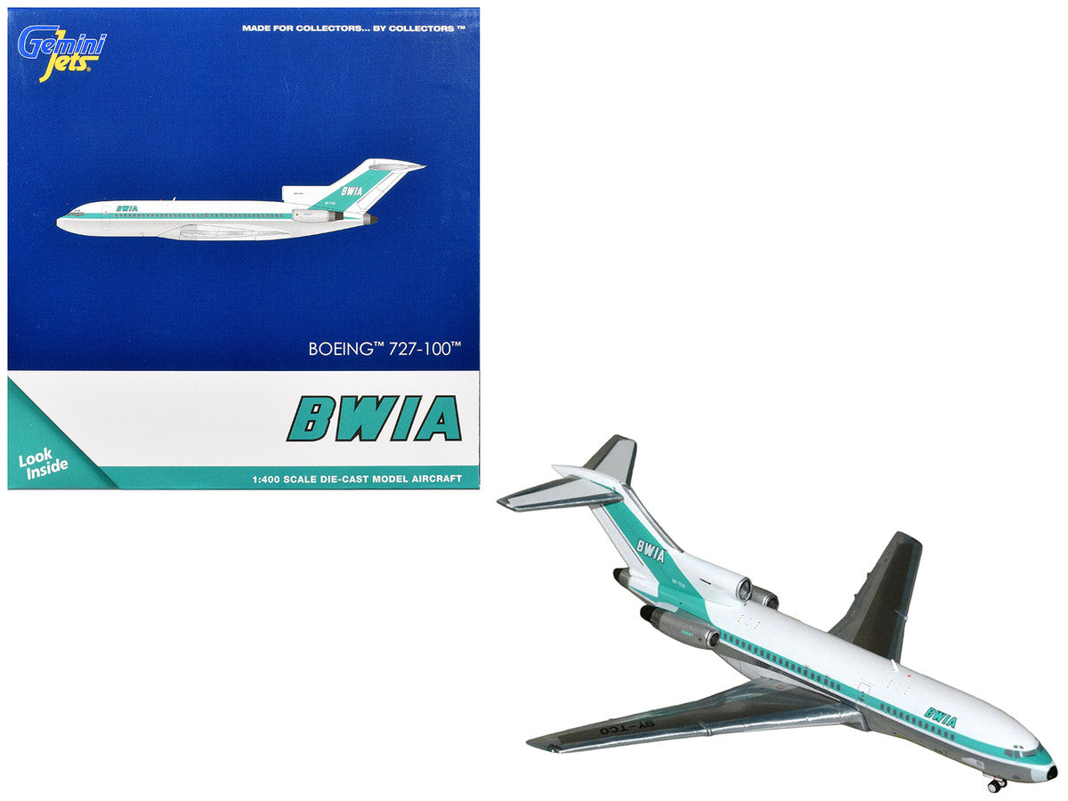 Boeing 727-100 Commercial Aircraft "British West Indian Airways" (9Y-TCO) White with Light Green Stripes 1/400 Diecast Model Airplane by GeminiJets-0