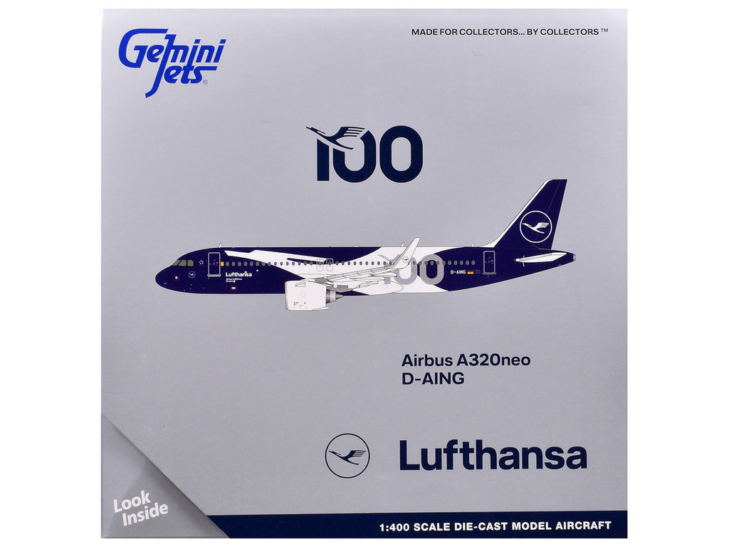 Airbus A320neo Commercial Aircraft "Lufthansa 100th Anniversary" (D-AING) White and Dark Blue 1/400 Diecast Model Airplane by GeminiJets-2