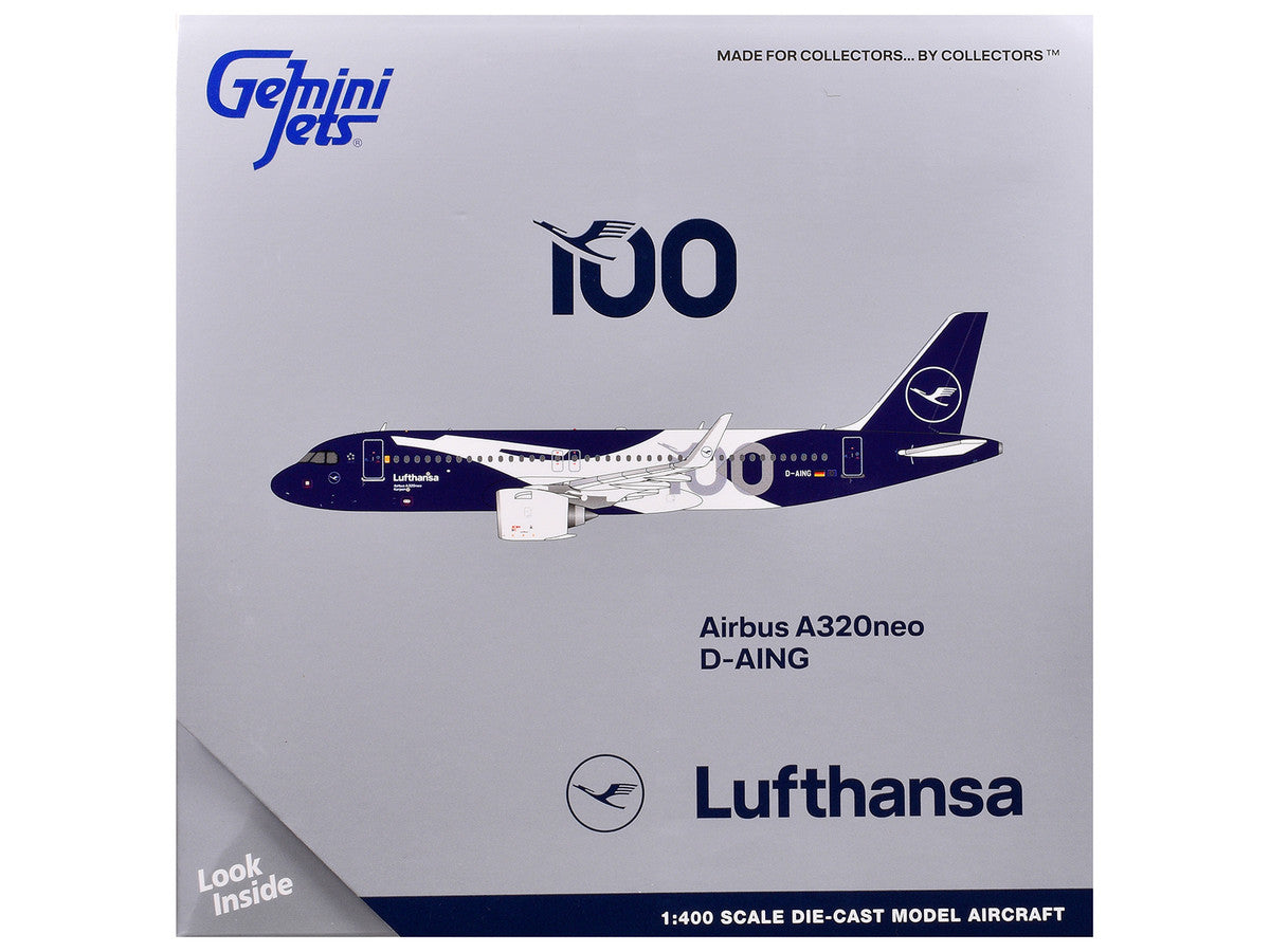 Airbus A320neo Commercial Aircraft "Lufthansa 100th Anniversary" (D-AING) White and Dark Blue 1/400 Diecast Model Airplane by GeminiJets-2
