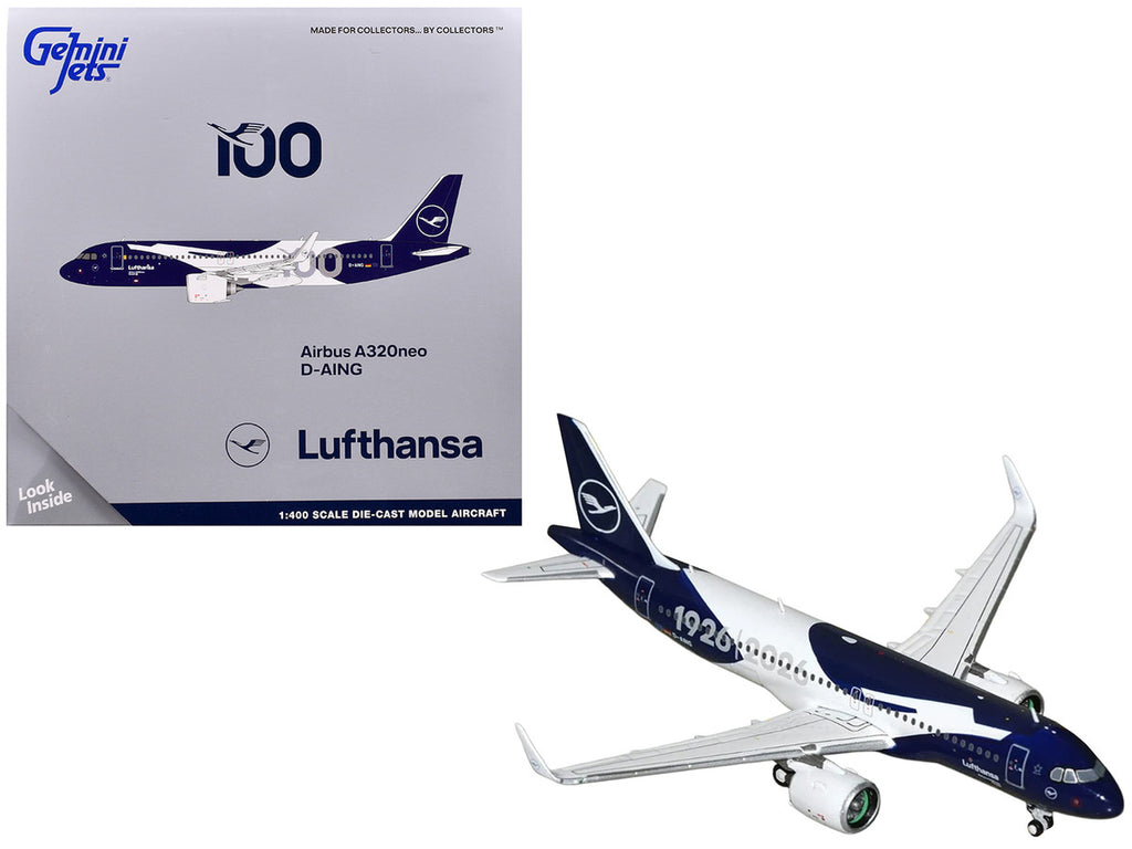 Airbus A320neo Commercial Aircraft "Lufthansa 100th Anniversary" (D-AING) White and Dark Blue 1/400 Diecast Model Airplane by GeminiJets-0