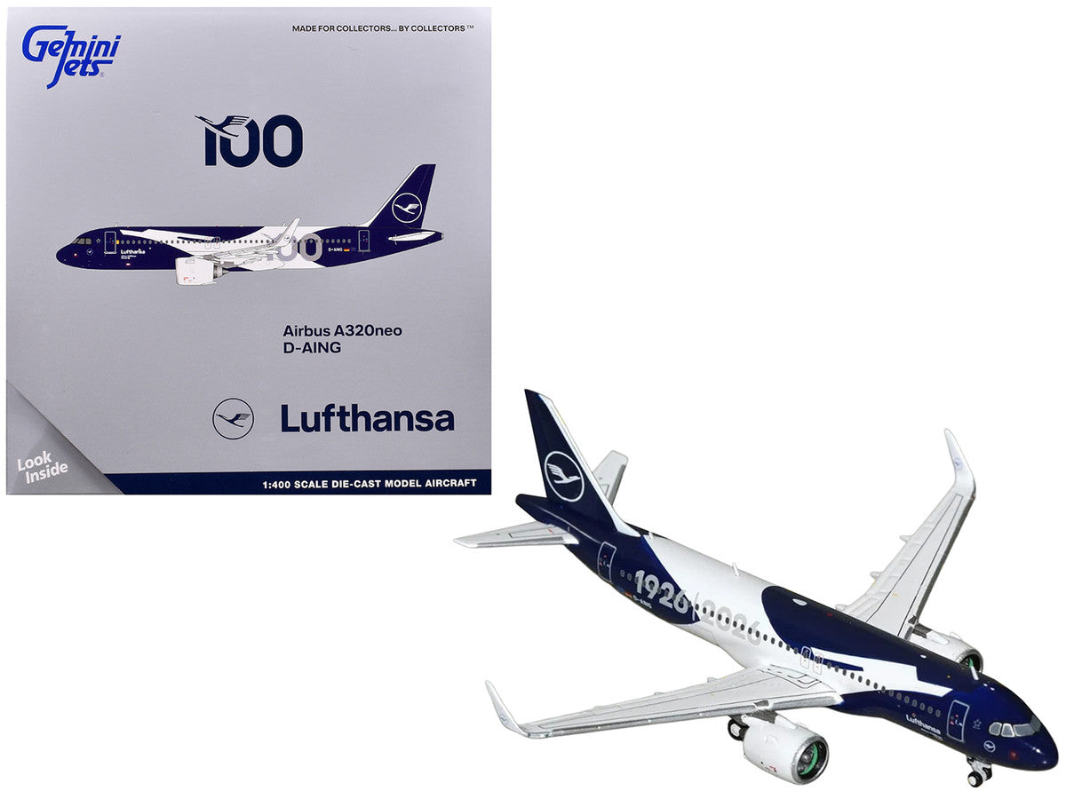 Airbus A320neo Commercial Aircraft "Lufthansa 100th Anniversary" (D-AING) White and Dark Blue 1/400 Diecast Model Airplane by GeminiJets-0