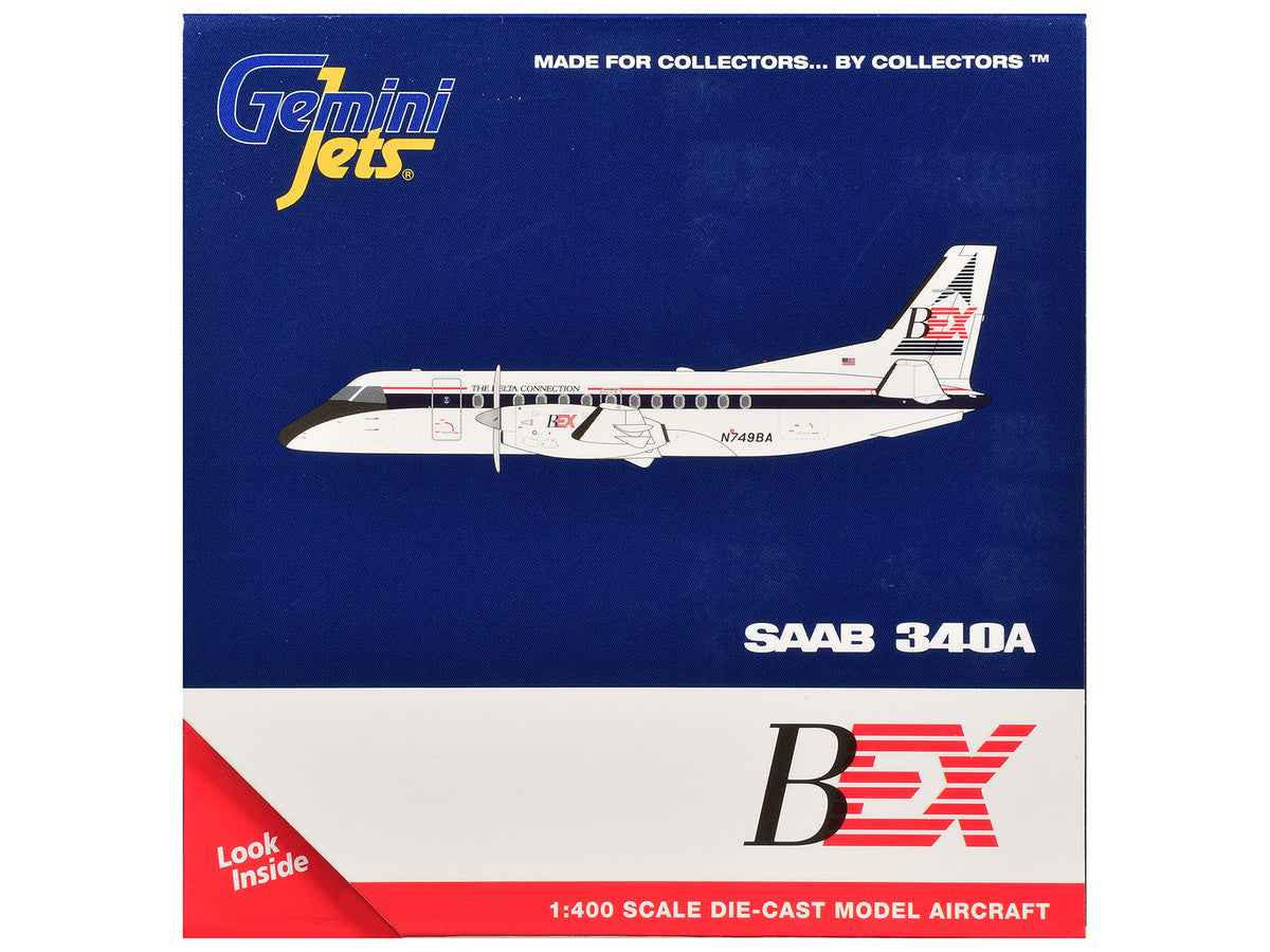Saab 340A Commercial Aircraft "Business Express Airlines - The Delta Connection" (N749BA) White with Blue and Red Stripes 1/400 Diecast Model by GeminiJets-1