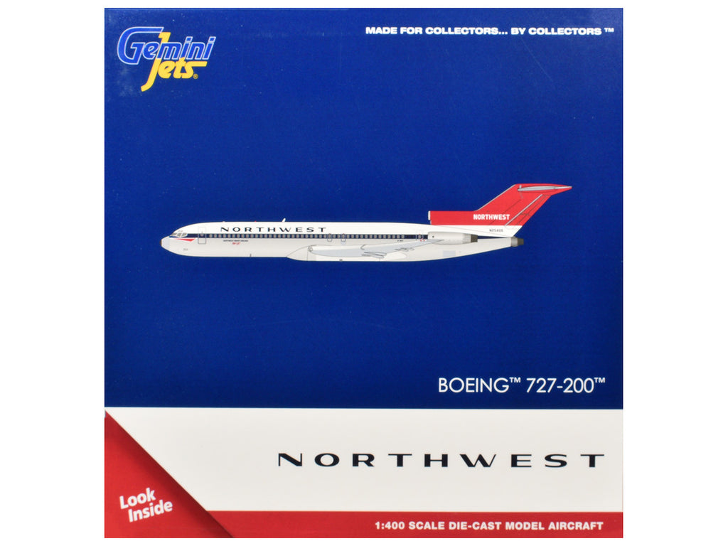 Boeing 727-200 Commercial Aircraft "Northwest Airlines" (N254US) White with Blue Stripes and Red Tail 1/400 Diecast Model by GeminiJets-2