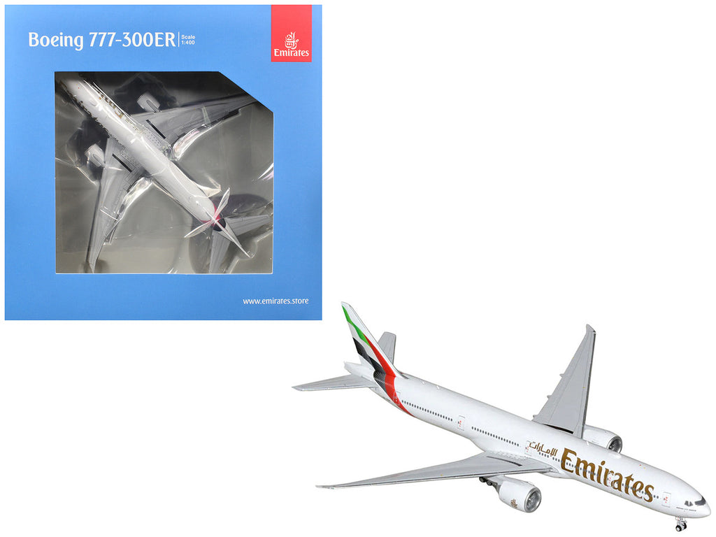 Boeing 777-300ER Commercial Aircraft "Emirates Airlines" (A6-EQH) White with Striped Tail 1/400 Diecast Model by GeminiJets-0
