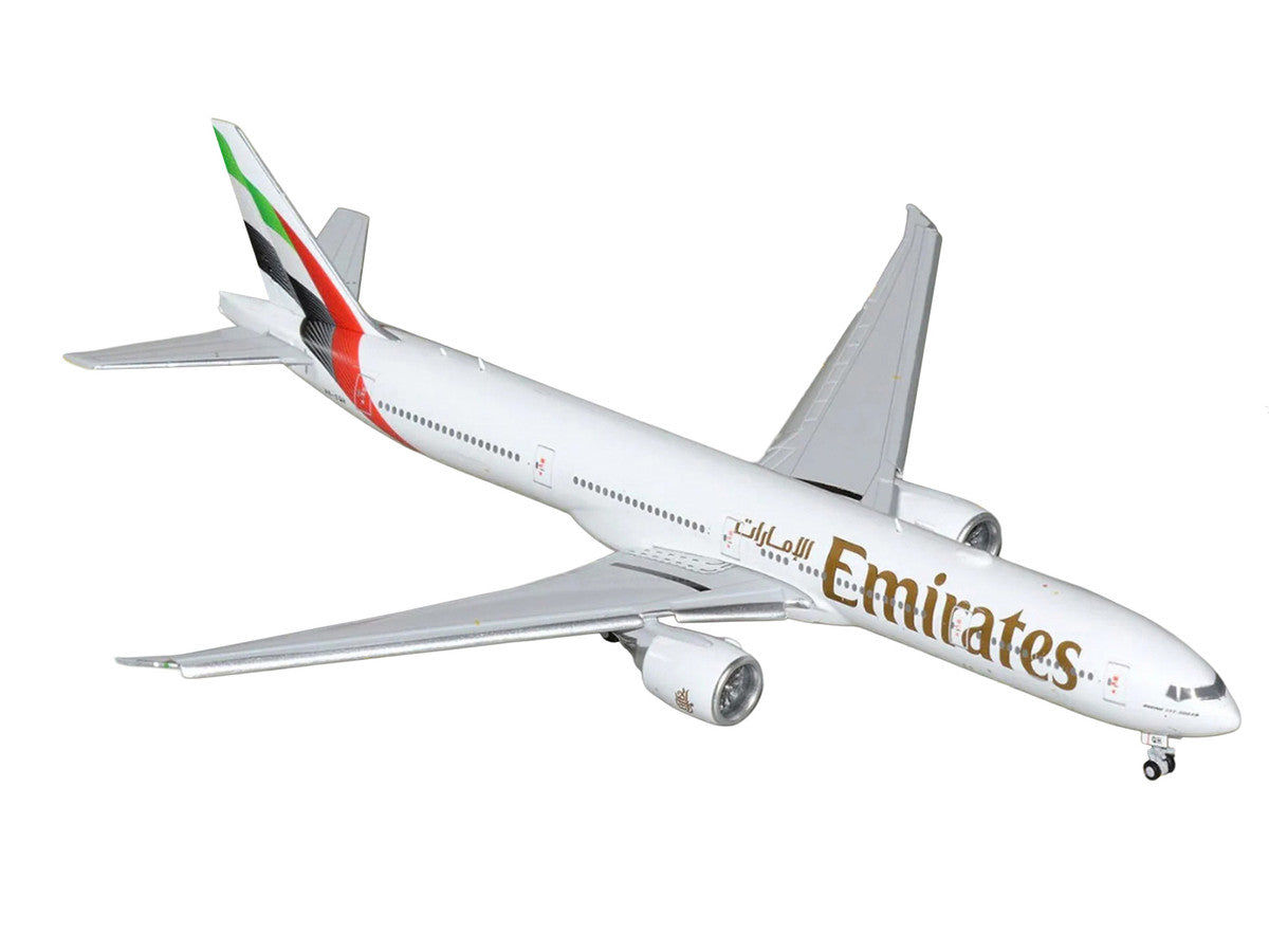Boeing 777-300ER Commercial Aircraft with Flaps Down "Emirates Airlines" (A6-EQH) White with Striped Tail 1/400 Diecast Model by GeminiJets-1