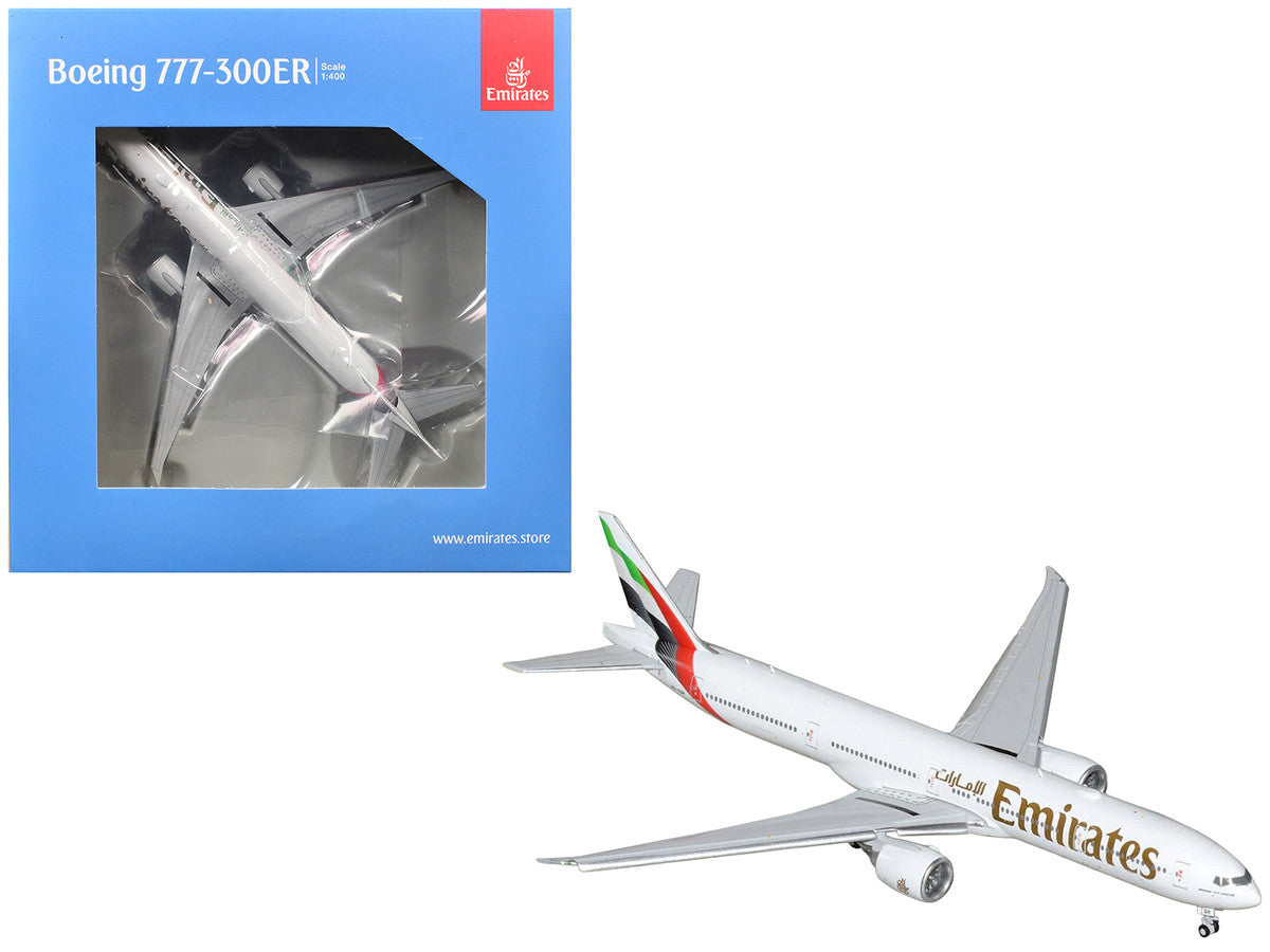 Boeing 777-300ER Commercial Aircraft with Flaps Down "Emirates Airlines" (A6-EQH) White with Striped Tail 1/400 Diecast Model by GeminiJets-0