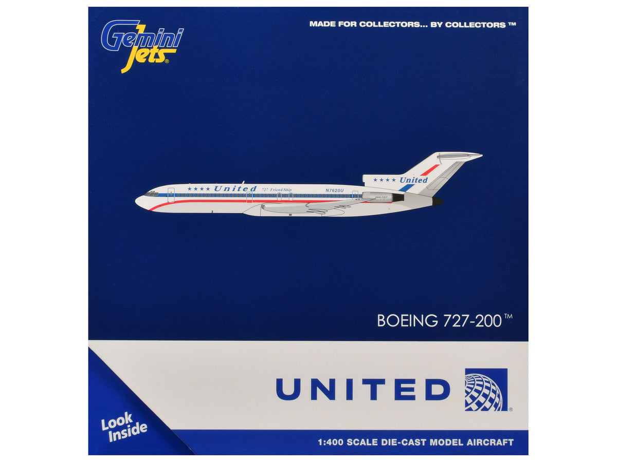 Boeing 727-200 Commercial Aircraft "United Airlines - Stars & Bars/Friend Ship" (N7620U) White with Red and Blue Stripes 1/400 Diecast Model Airplane by GeminiJets-2
