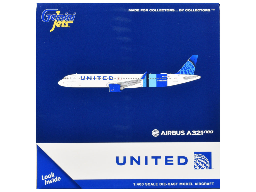 Airbus A321neo Commercial Aircraft "United Airlines Coastliner" (N94750) White with Blue Stripes and Tail 1/400 Diecast Model Airplane by GeminiJets-2