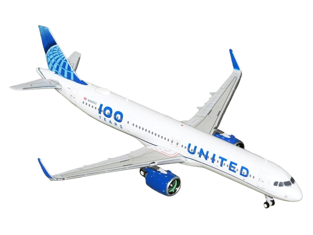 Airbus A321neo Commercial Aircraft "United Airlines 100 Years" (N44550) White with Blue Tail 1/400 Diecast Model Airplane by GeminiJets-1