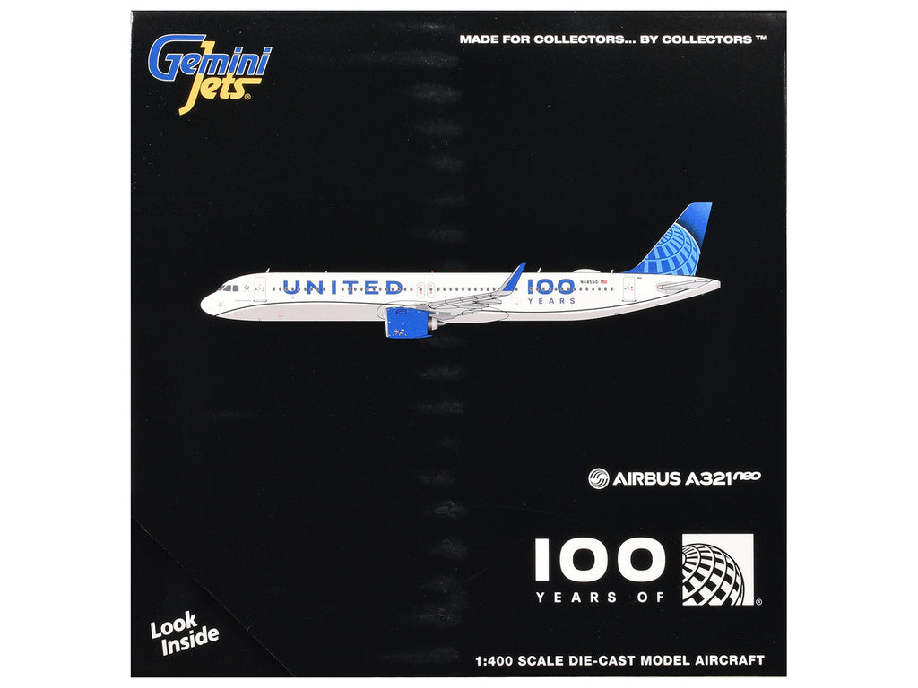 Airbus A321neo Commercial Aircraft "United Airlines 100 Years" (N44550) White with Blue Tail 1/400 Diecast Model Airplane by GeminiJets-2