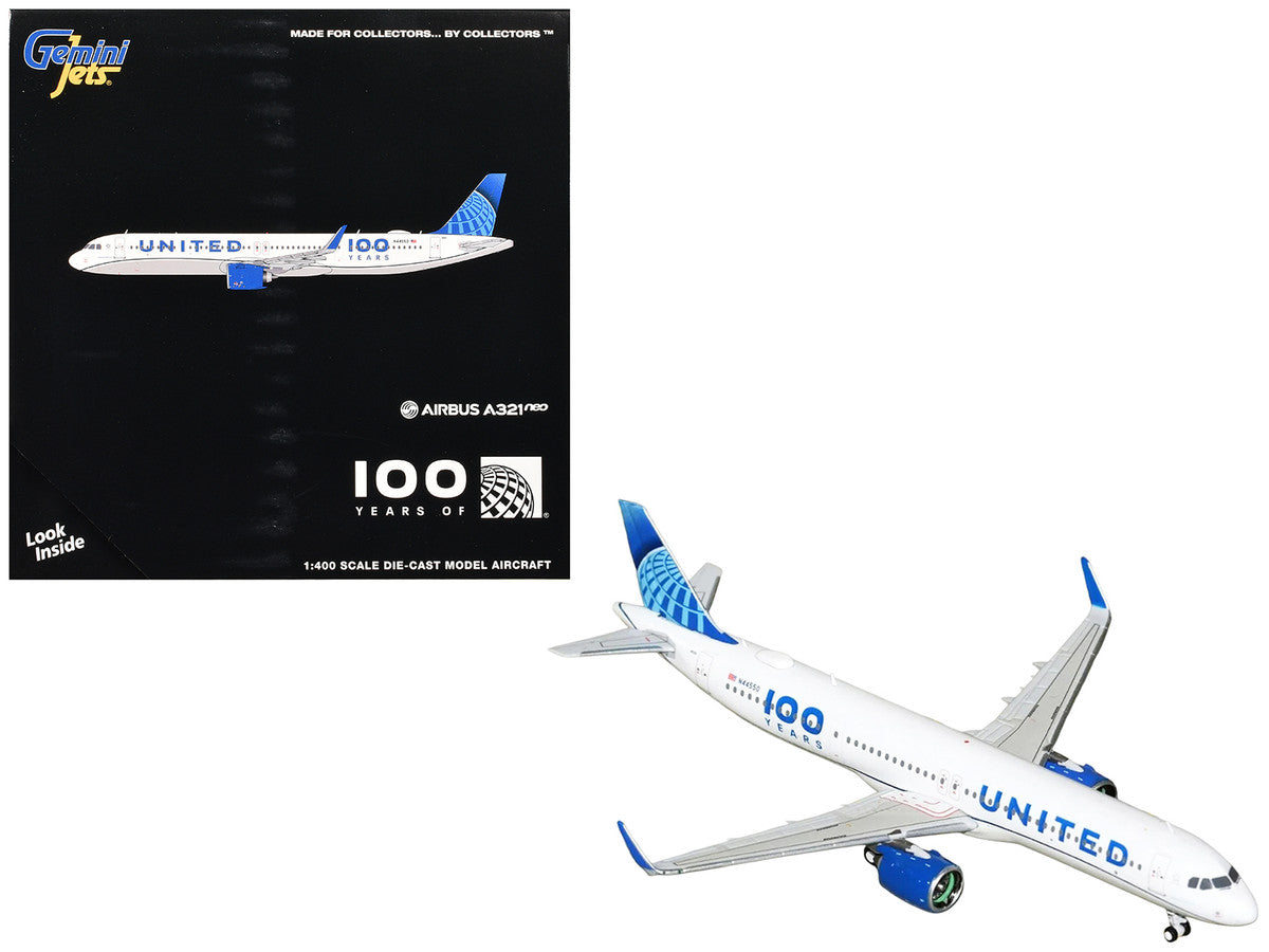 Airbus A321neo Commercial Aircraft "United Airlines 100 Years" (N44550) White with Blue Tail 1/400 Diecast Model Airplane by GeminiJets-0