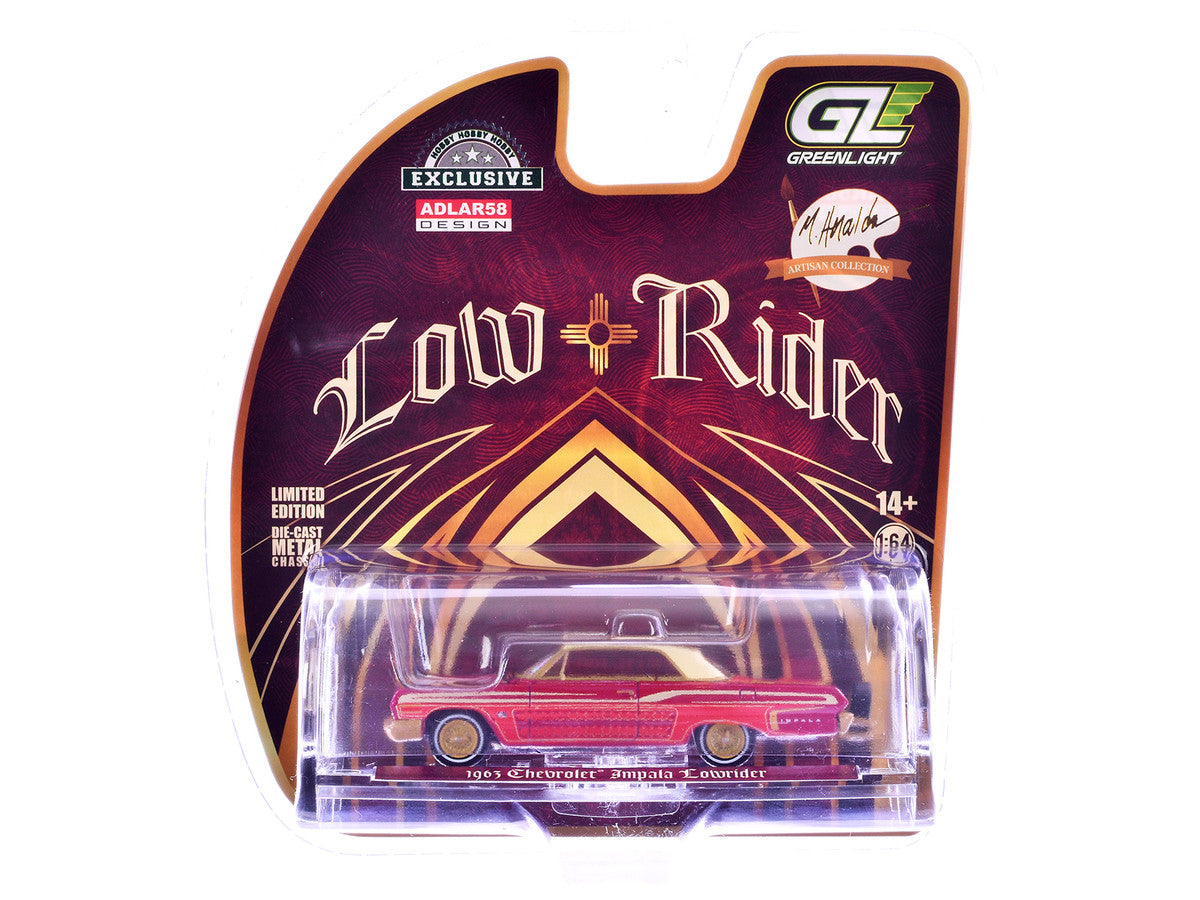 1963 Chevrolet Impala Lowrider "Michael Heralda Special Edition" Red Metallic with Cream Top and Interior with Gold Graphics "Hobby Exclusive" Series 1/64 Diecast Model Car by Greenlight-3