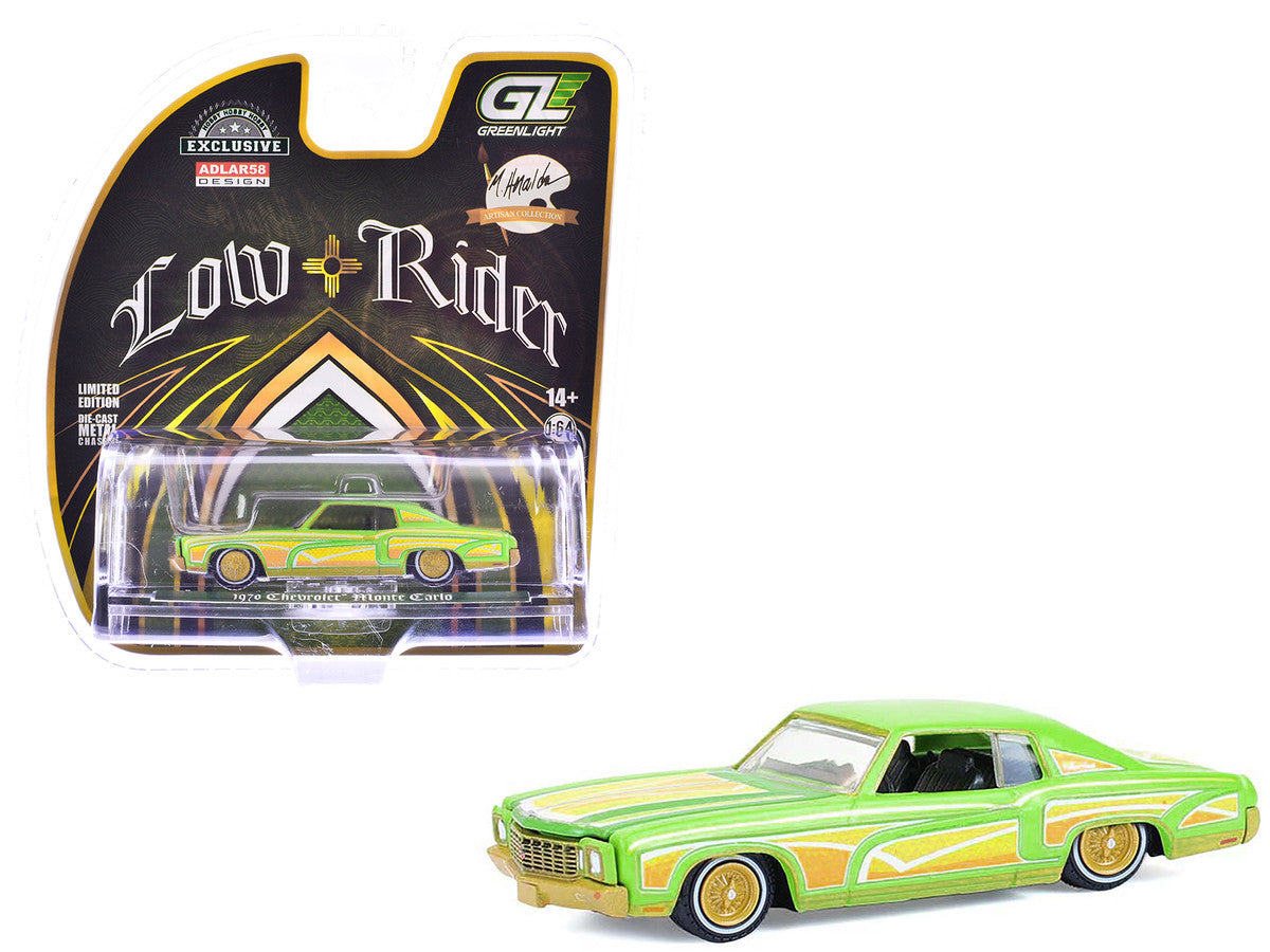 1970 Chevrolet Monte Carlo Lowrider "Michael Heralda Special Edition" Lime Green with Graphics "Hobby Exclusive" Series 1/64 Diecast Model Car by Greenlight-4