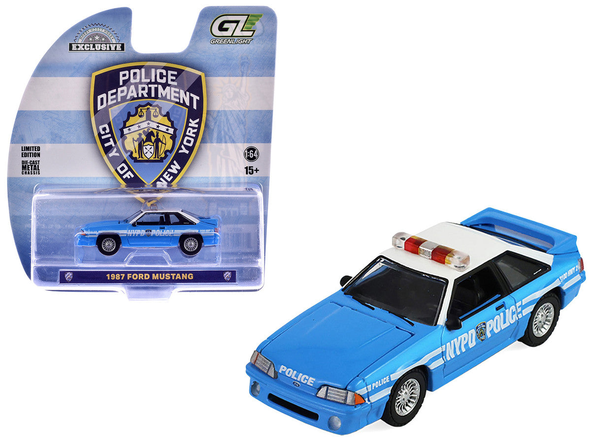 1987 Ford Mustang "New York City Police Department (NYPD)" Blue with White Top "Hobby Exclusive" Series 1/64 Diecast Model Car by Greenlight-4