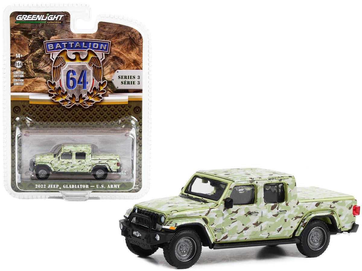 2022 Jeep Gladiator Pickup Truck "U.S. Army" Military-Spec Camouflage "Battalion 64" Series 3 1/64 Diecast Model Car by Greenlight-0