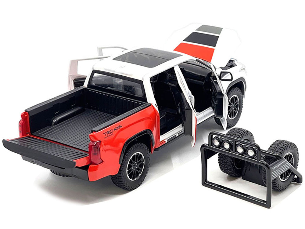 2023 Toyota Tundra TRD 4x4 Pickup Truck White and Red with Black and Gray Stripes with Sunroof and Wheel Rack Limited Edition to 2400 pieces Worldwide 1/24 Diecast Model Car-1