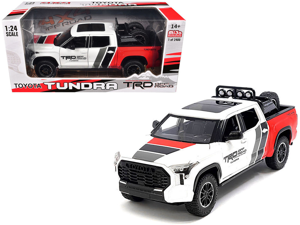 2023 Toyota Tundra TRD 4x4 Pickup Truck White and Red with Black and Gray Stripes with Sunroof and Wheel Rack Limited Edition to 2400 pieces Worldwide 1/24 Diecast Model Car-2