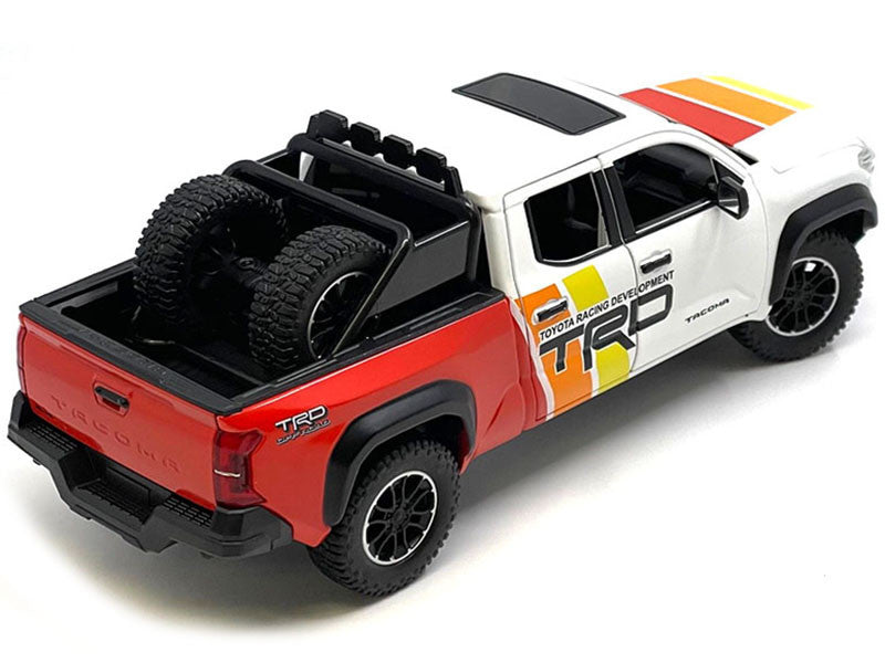 2024 Toyota Tacoma TRD Off Road Edition Pickup Truck White and Red with TRD Stripes with Sunroof and Wheel Rack Limited Edition to 2400 pieces Worldwide 1/24 Diecast Model Car-0