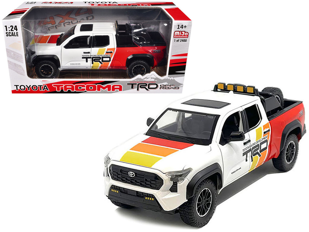 2024 Toyota Tacoma TRD Off Road Edition Pickup Truck White and Red with TRD Stripes with Sunroof and Wheel Rack Limited Edition to 2400 pieces Worldwide 1/24 Diecast Model Car-2